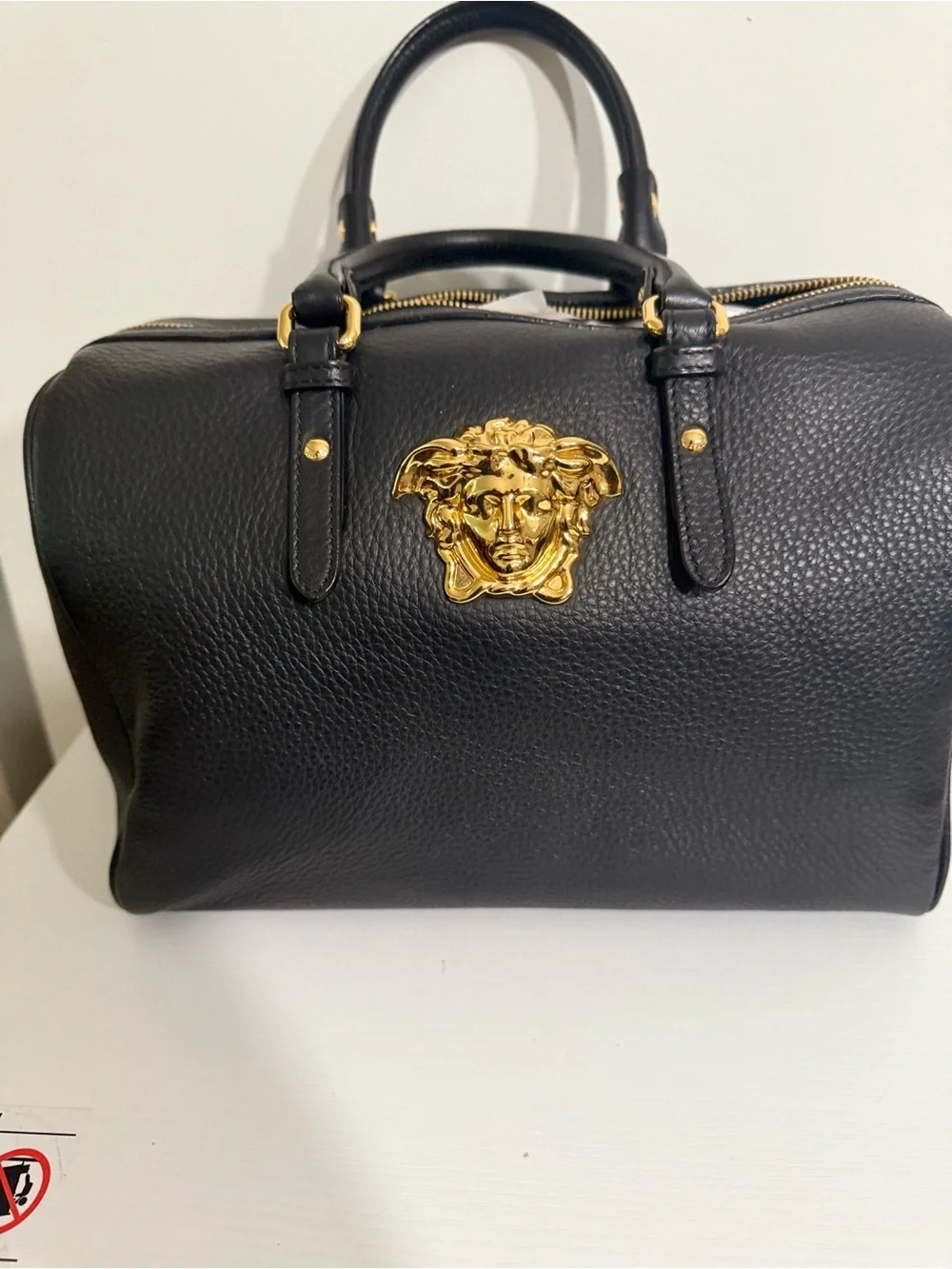 Versace Black Leather Duffel with Gold Medusa Accent